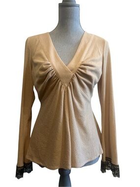 Arden B Beige/Tan V-Neck Gathered Front Top with Black Bell Lace Cuffs